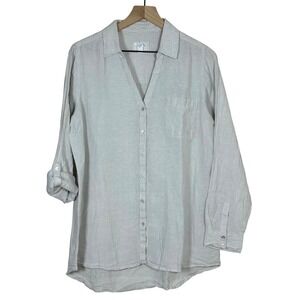 Sigrid Olsen 100% Linen Button Up Shirt Size L Gray Roll Tab Sleeve Relaxed Fit